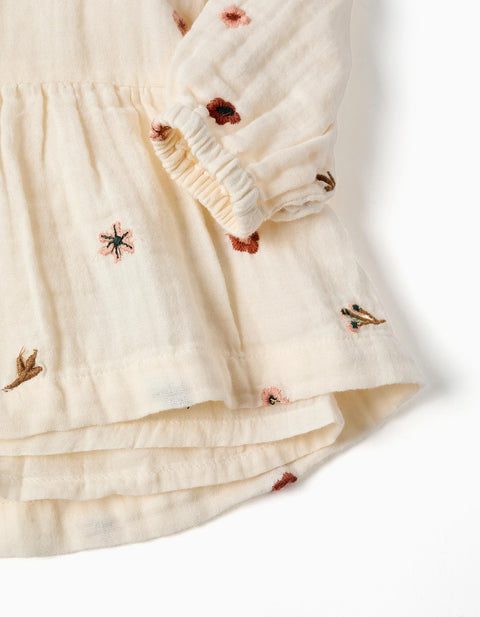 Long Sleeve Cotton Dress with Floral Embroidery for Baby Girls, White