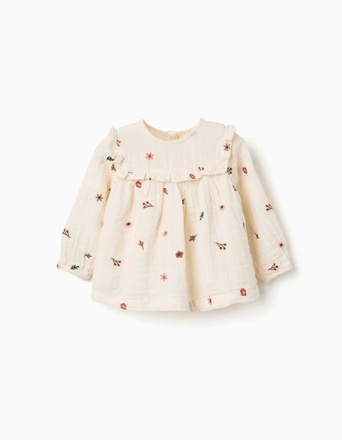 Long Sleeve Cotton Blouse with Embroidered Flowers for Baby Girls, White