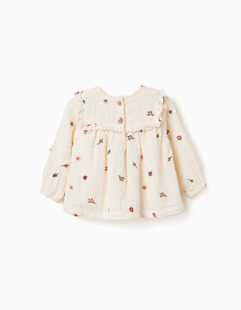 Long Sleeve Cotton Blouse with Embroidered Flowers for Baby Girls, White