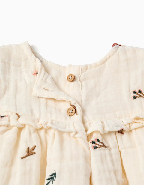 Long Sleeve Cotton Blouse with Embroidered Flowers for Baby Girls, White