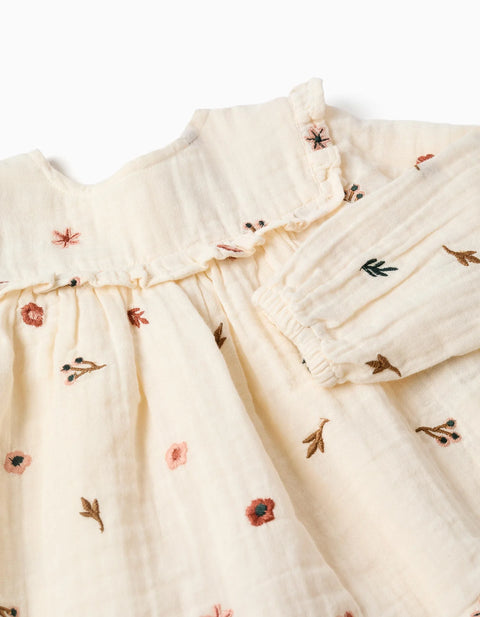 Long Sleeve Cotton Blouse with Embroidered Flowers for Baby Girls, White