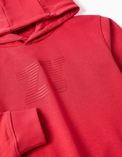 Hooded Sweatshirt with ZY Embossed Print for Boys, Red