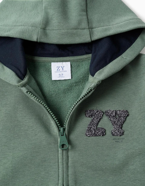 Cotton Hooded Jacket with ZY Bouclé Embroidery for Boys, Dark Green
