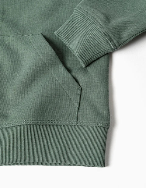 Cotton Hooded Jacket with ZY Bouclé Embroidery for Boys, Dark Green