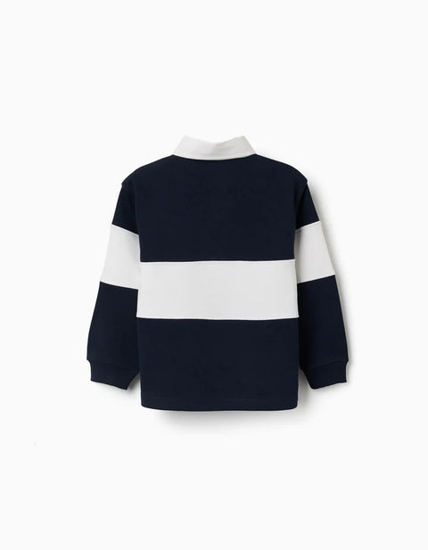 Sweatshirt with Polo Collar and Colour Block for Boys, White/Navy Blue