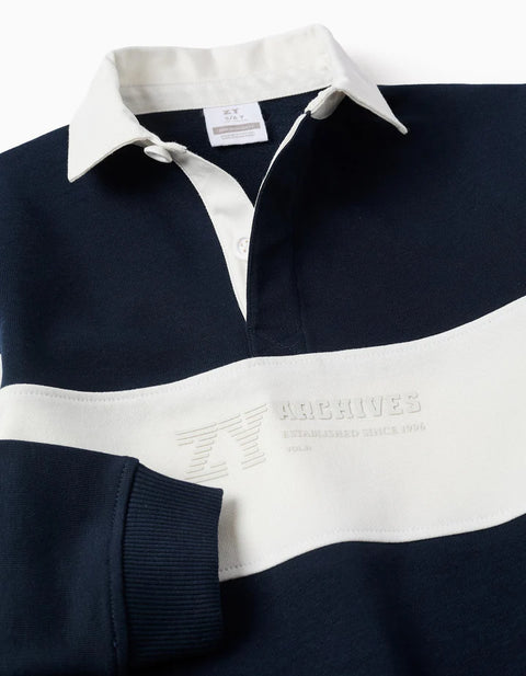 Sweatshirt with Polo Collar and Colour Block for Boys, White/Navy Blue