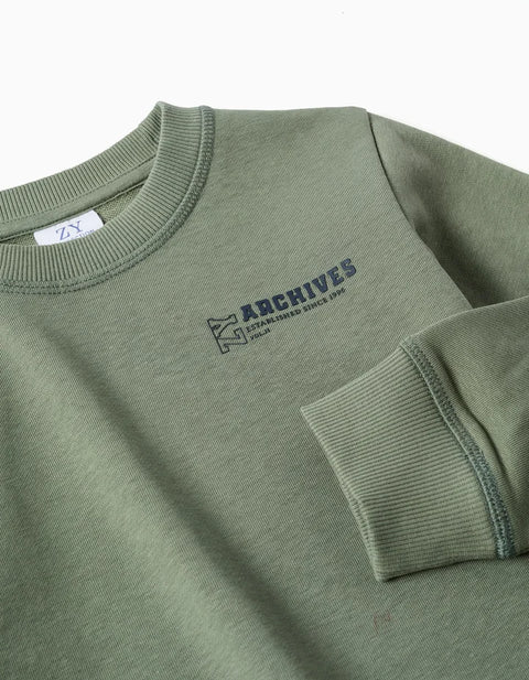 Sweatshirt with ZY Embossed Print for Boys, Khaki Green