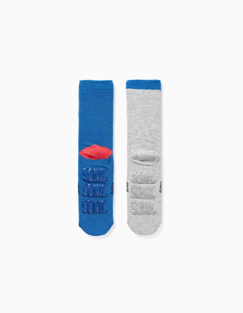 Pack of 2 Non-Slip Socks with Sonic Prints for Boys, Blue/Grey
