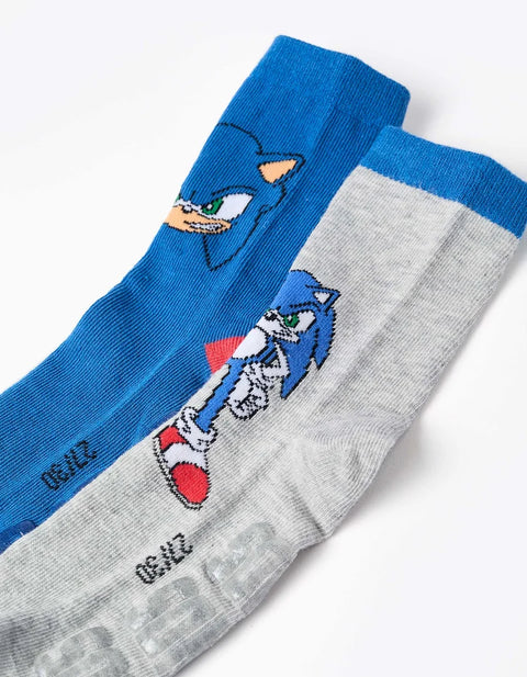Pack of 2 Non-Slip Socks with Sonic Prints for Boys, Blue/Grey