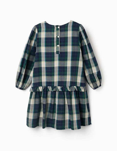 Checked Cotton Dress with Pleats B&S for Girls, Blue/Green/Beige