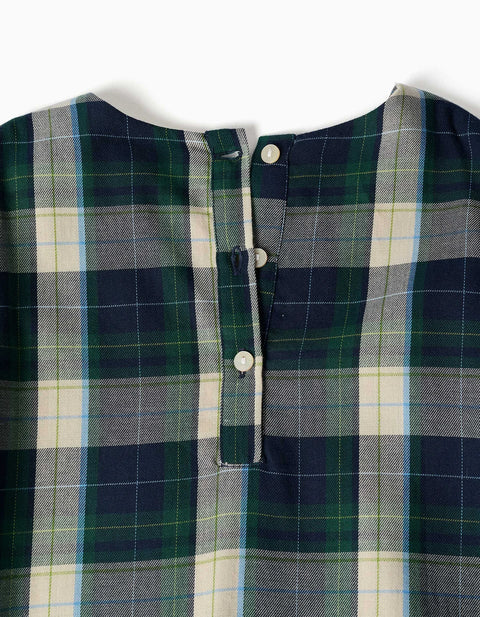 Checked Cotton Dress with Pleats B&S for Girls, Blue/Green/Beige