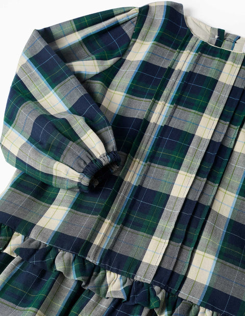Checked Cotton Dress with Pleats B&S for Girls, Blue/Green/Beige