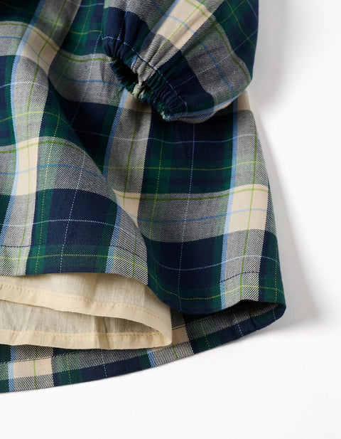 Checked Cotton Dress with Pleats B&S for Girls, Blue/Green/Beige