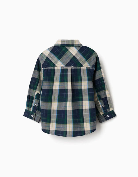 Long Sleeve Checked Cotton Shirt B&S for Baby Boys, Blue/Green/Beige