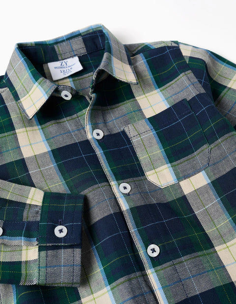 Long Sleeve Checked Cotton Shirt B&S for Baby Boys, Blue/Green/Beige