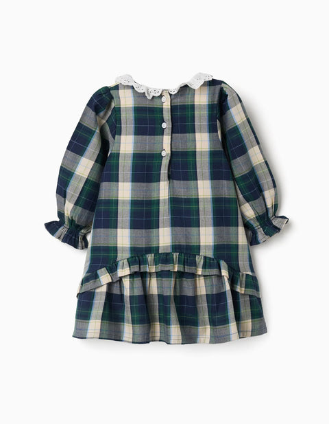 Checked Cotton Dress with Ruffles B&S for Baby Girls, Blue/Green/Beige