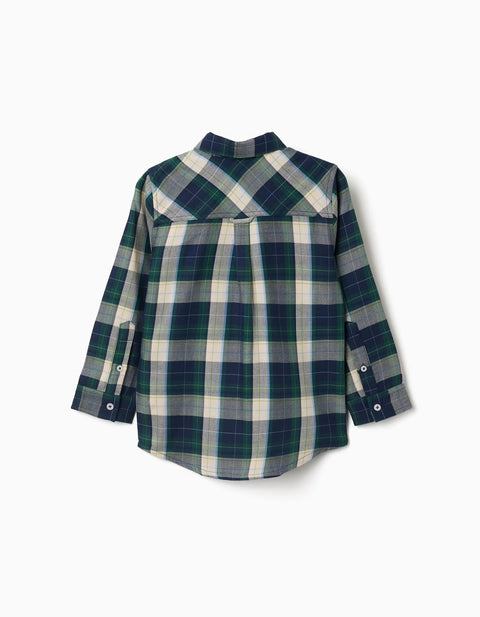 Long Sleeve Checked Cotton Shirt B&S for Boys, Blue/Green/Beige