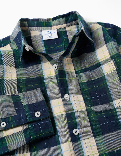 Long Sleeve Checked Cotton Shirt B&S for Boys, Blue/Green/Beige