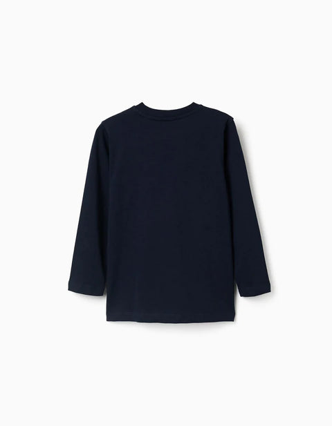 Long Sleeve Cotton T-Shirt with ZY Print for Boys, Navy Blue