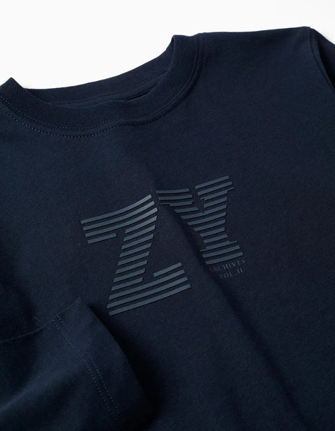 Long Sleeve Cotton T-Shirt with ZY Print for Boys, Navy Blue