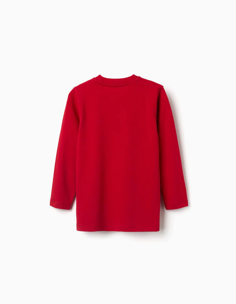 Long Sleeve Cotton T-Shirt with ZY Print for Boys, Red