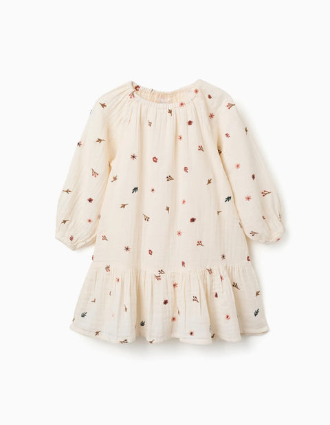 Long Sleeve Cotton Dress with Floral Embroidery for Girls, White