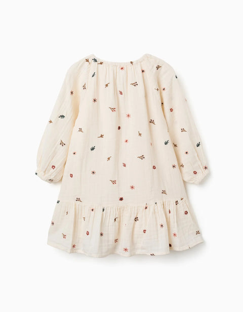 Long Sleeve Cotton Dress with Floral Embroidery for Girls, White