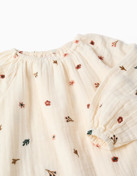 Long Sleeve Cotton Dress with Floral Embroidery for Girls, White