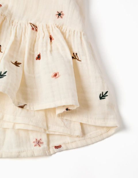 Long Sleeve Cotton Dress with Floral Embroidery for Girls, White