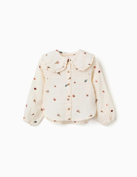 Long Sleeve Cotton Blouse with Embroidered Flowers for Girls, White