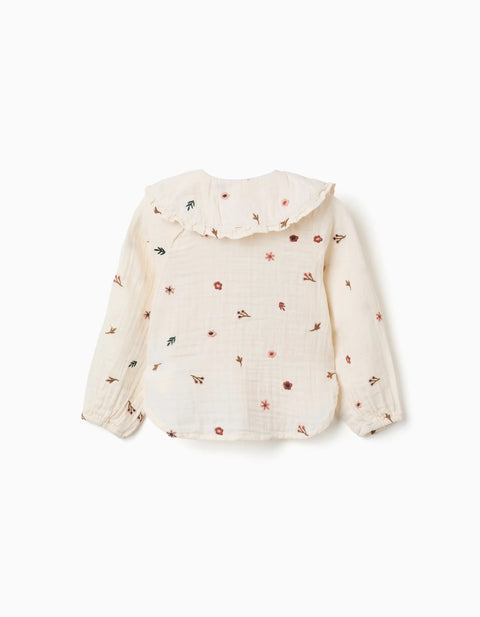 Long Sleeve Cotton Blouse with Embroidered Flowers for Girls, White