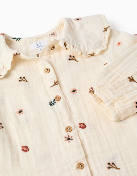 Long Sleeve Cotton Blouse with Embroidered Flowers for Girls, White