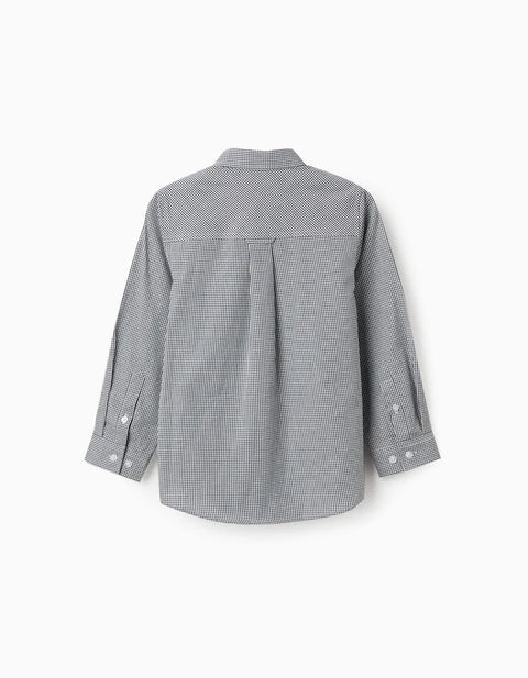Long Sleeve Shirt with Gingham Pattern for Boys, White/Navy Blue