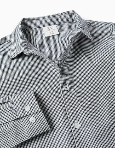 Long Sleeve Shirt with Gingham Pattern for Boys, White/Navy Blue