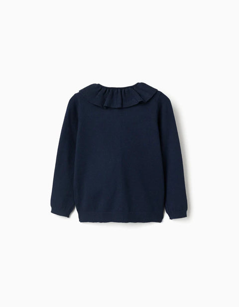 Knitted Jacket with Ruffled Collar for Girls, Navy Blue