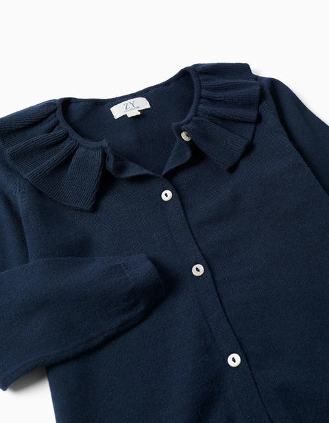 Knitted Jacket with Ruffled Collar for Girls, Navy Blue
