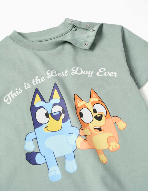 Cotton T-Shirt with Bluey and Bingo Print for Babies and Children, Green