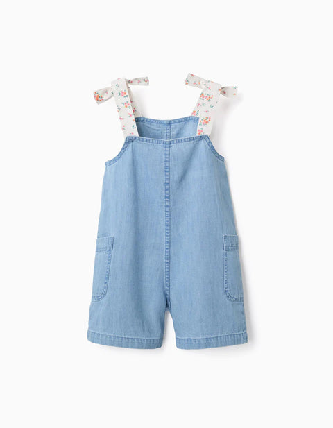 Sleeveless Denim Playsuit with Floral Straps for Girls, Light Blue