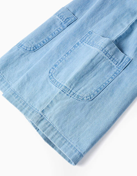Sleeveless Denim Playsuit with Floral Straps for Girls, Light Blue