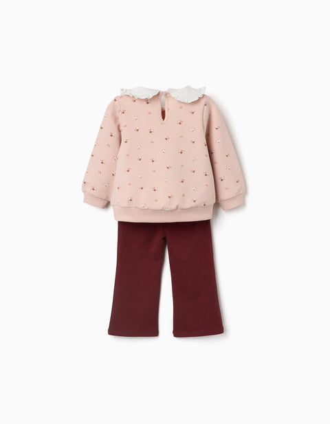 Cotton Sweatshirt and Trousers Set for Baby Girls, Light Pink/Brown