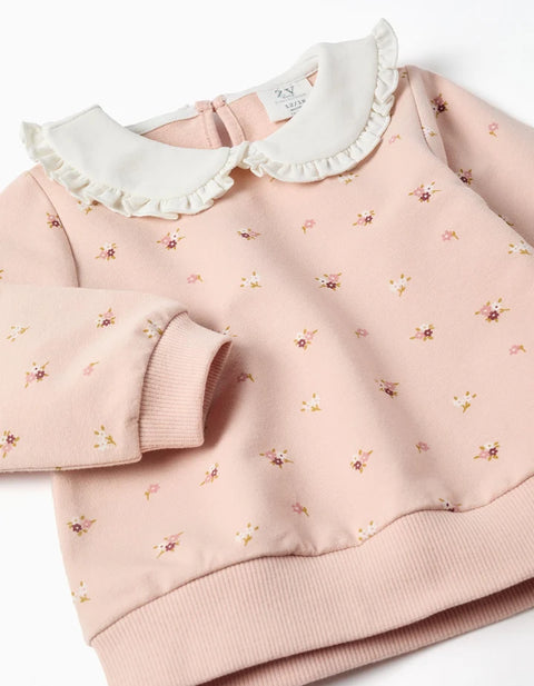 Cotton Sweatshirt and Trousers Set for Baby Girls, Light Pink/Brown