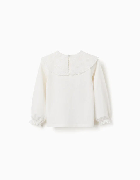 Cotton T-Shirt with Broderie Anglaise Maxi Collar for Girls, White
