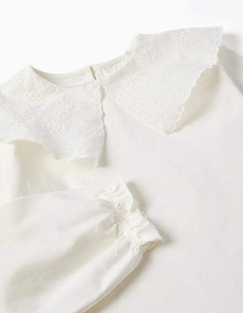 Cotton T-Shirt with Broderie Anglaise Maxi Collar for Girls, White