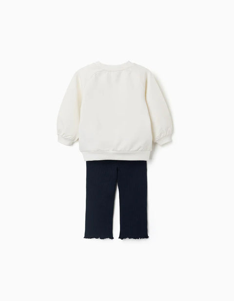 Cotton Sweatshirt and Trousers Set for Baby Girls, White/Navy Blue