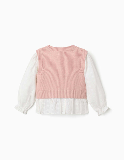 Dual-Fabric Jumper for Girls, White/Light Pink