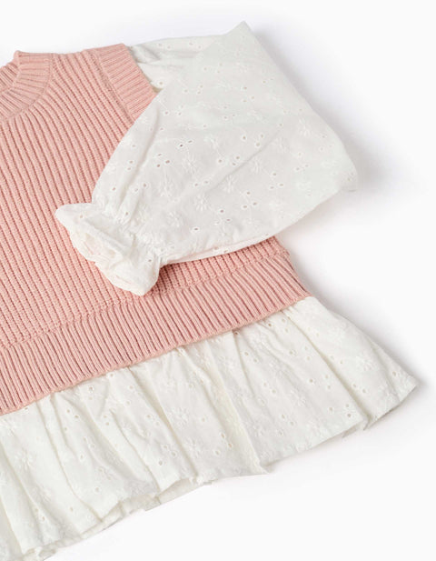 Dual-Fabric Jumper for Girls, White/Light Pink