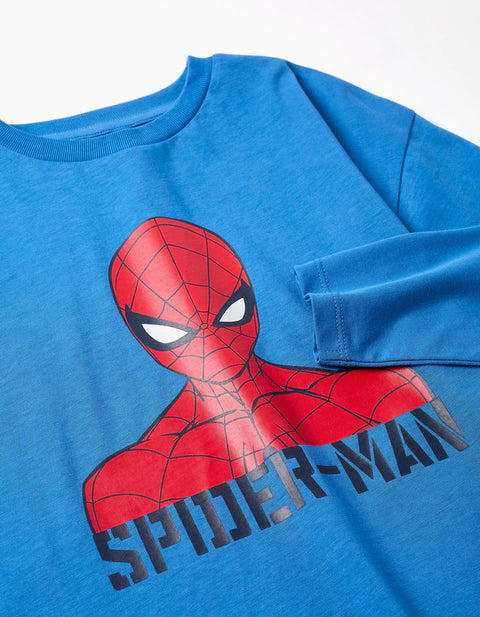 Long Sleeve Cotton T-Shirt with Spider-Man Print for Boys, Blue