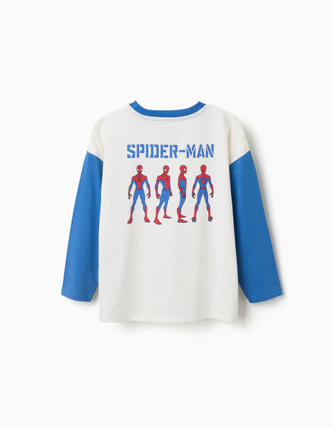 Long Sleeve Cotton T-Shirt with Spider-Man Prints for Boys, White/Blue