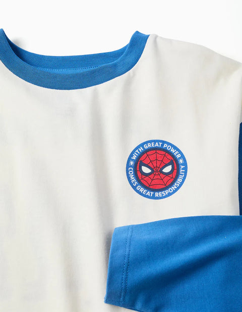 Long Sleeve Cotton T-Shirt with Spider-Man Prints for Boys, White/Blue