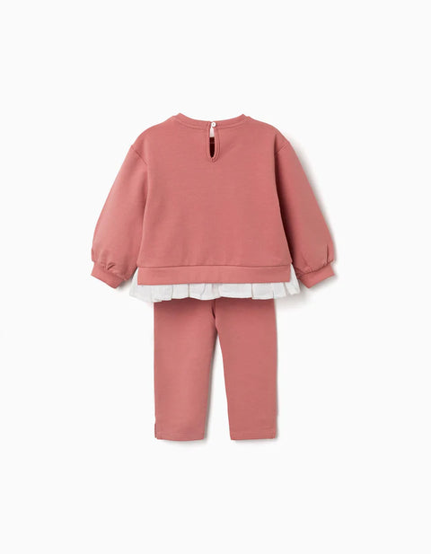 Cotton Jogging Set with Embossed Flower Print for Baby Girls, Pink
